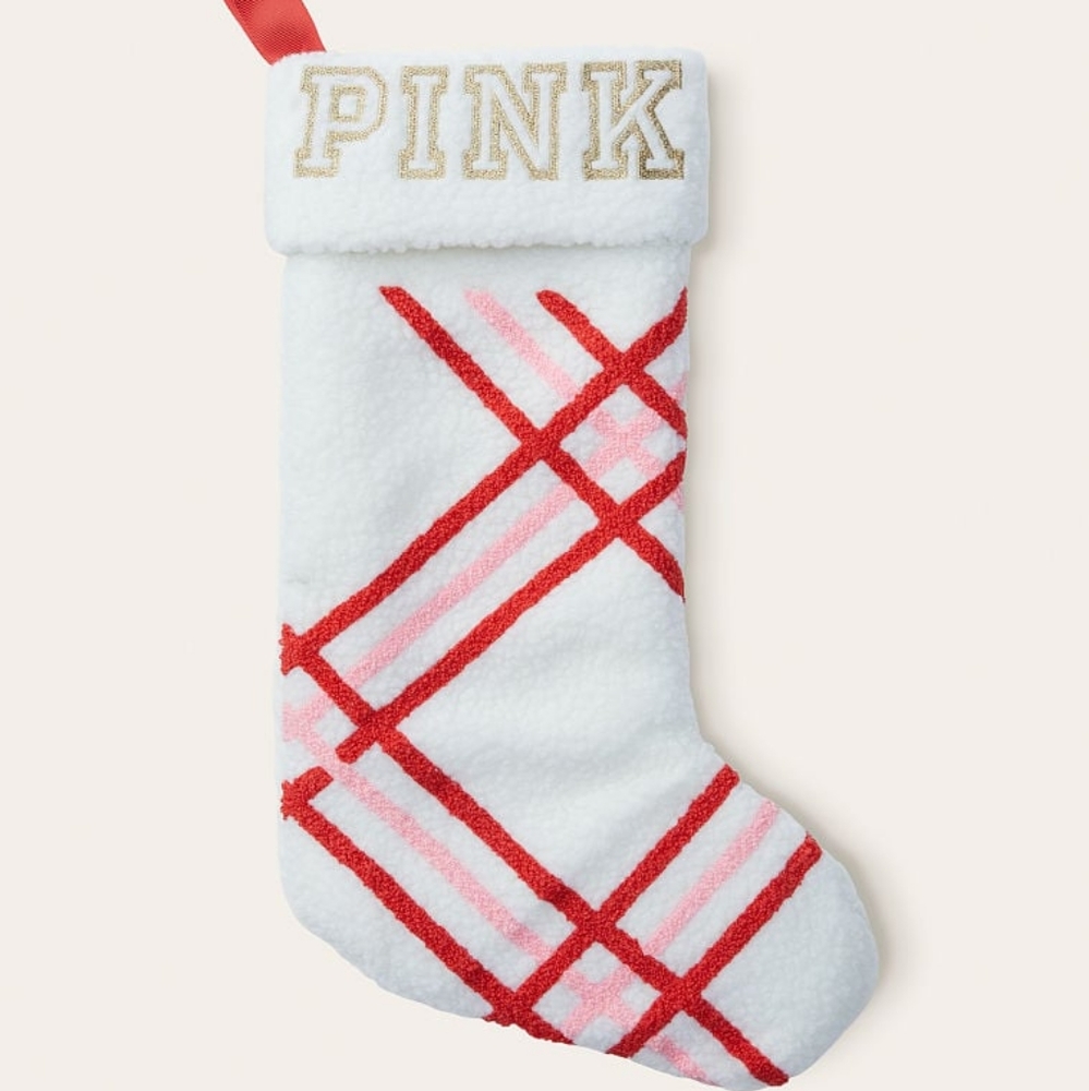 PINK VICTORIA'S SECRET FURRY SOFT CHRISTMAS STOCKING LINED WHITE RED PINK